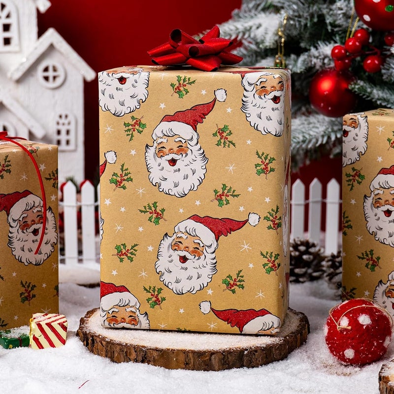 Merture Kraft Christmas Wrapping Paper Roll, Brown Gift Wrap Paper with Cute Happy Santa Claus for Christmas Birthday Festival Party - Mini Roll - 17 In X 32.8 Ft (46.5 sqft) - Image 4